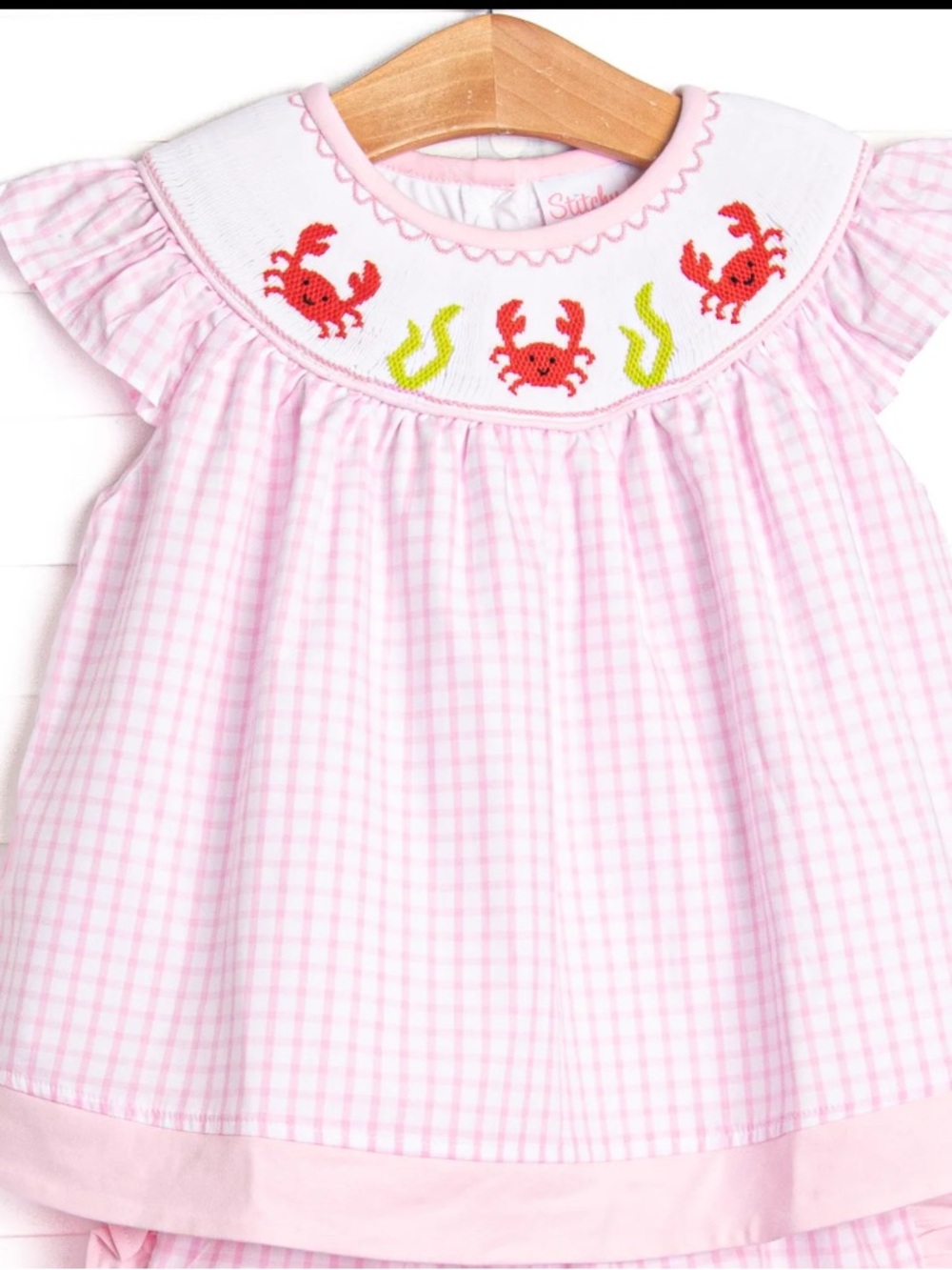 Pink Gingham Crab Smocked girl top